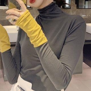 Long-sleeve Turtleneck Two-tone T-shirt