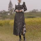 Long-sleeve Ruffled Floral Print Midi A-line Chiffon Dress