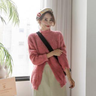 Mock-neck Slit-front Furry Knit Top