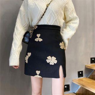 Flower Embroidered Slit Mini A-line Skirt
