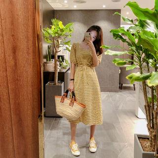 Puff-sleeve Drawcord-waist Long Gingham Dress