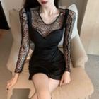 Set: Long-sleeve Lace Top + Sleeveless Mini A-line Dress