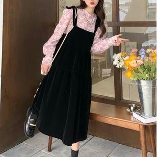 Floral Blouse / Spaghetti Strap Velvet Dress
