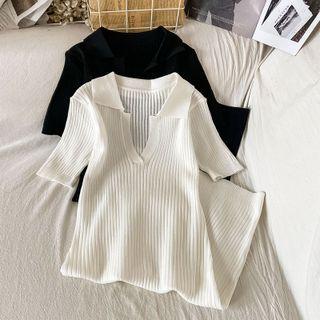 Short-sleeve Knit Collared A-line Dress