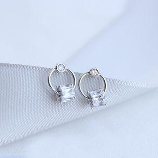 925 Sterling Silver Rhinestone Cube Mini Hoop Earring
