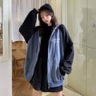 Lettering Print Two-tone Hooded Zip Jacket