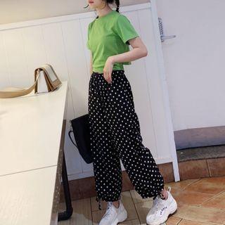 Short-sleeve Tie-waist T-shirt / Dotted Wide-leg Pants