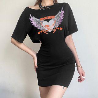 Short-sleeve Cutout Graphic Print Safety Pin-accent Mini Bodycon T-shirt Dress