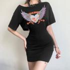 Short-sleeve Cutout Graphic Print Safety Pin-accent Mini Bodycon T-shirt Dress