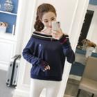 Long-sleeve Contrast Stripe Embroidery Top