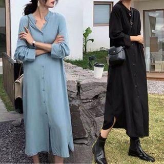 Plain Long-sleeve Slit Midi Shirtdress