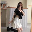 Puff-sleeve Bow Crop Blouse / A-line Skirt