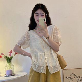 Puff-sleeve Heart Embroidered Blouse White - One Size