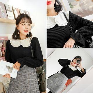 Contrast-collar Frill-trim Knit Top