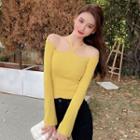 Long-sleeve Cold-shoulder Knit Top Curcumin - One Size