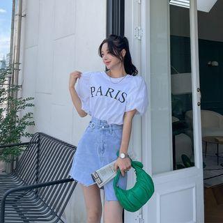 Puff-sleeve Paris Letter Print Top