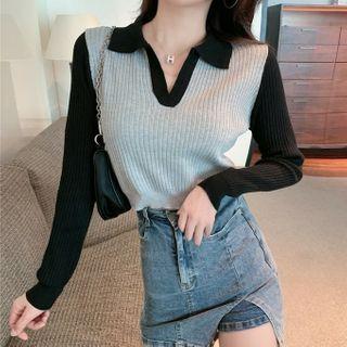Polo-neck Ribbed Paneled Sweater