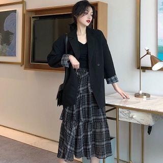 Blazer / Plaid Layered Midi A-line Skirt / Set
