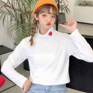 Long-sleeve Heart Embroidered Mock-turtleneck T-shirt