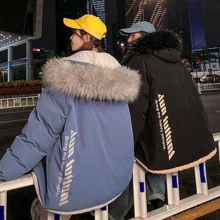 Letter Printed Furry Hooded Padded Coat