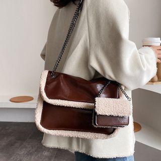 Set: Furry Trim Faux Leather Messenger Bag + Pouch