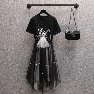 Short-sleeve Floral Mesh Panel T-shirt / Midi A-line Skirt / Set