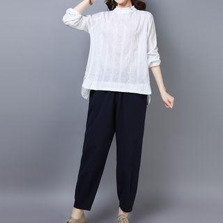 Set: Long-sleeve Mock Neck T-shirt + Cropped Plain Pants
