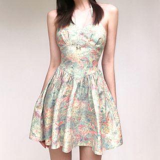 Halter-neck Tie Dye Mini A-line Dress