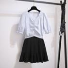 Plaid Elbow-sleeve Blouse / Mini A-line Skirt / Set