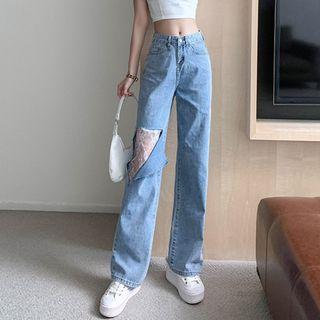 Lace Panel Cut-out High Waist Wide Leg Jeans