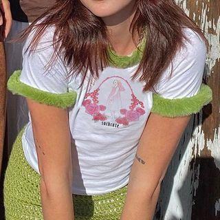 Fluffy Collar Short Sleeve Printed T-shirt