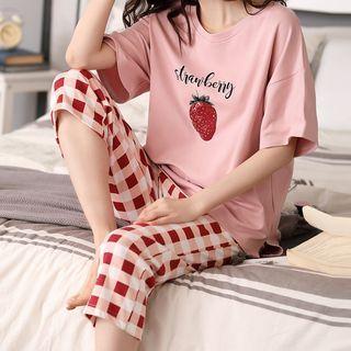 Loungewear Set : Short-sleeve Strawberry Print Top + Capri Pants