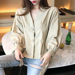 Lace Up V-neck Long Sleeve Blouse As Shown In Figure - One Size