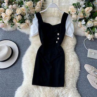 Panel Color Block Square-neck Short-sleeve Dress