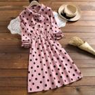 Tie-neck Dotted Long-sleeve Midi A-line Dress