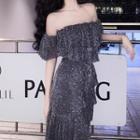 Glitter Off-shoulder Short-sleeve A-line Dress