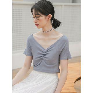 Plain Short-sleeve Shirred V-neck Cropped T-shirt