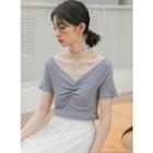 Plain Short-sleeve Shirred V-neck Cropped T-shirt
