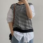 Puff-sleeve Striped Panel T-shirt Stripe - Black & White - One Size