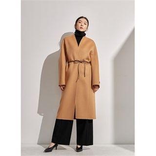 Open-front Wool Blend Coat With Belt Camel - One Size