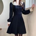 Round-collar Pintuck Flare Dress Navy Blue - One Size