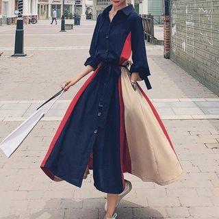 Puff-sleeve Color Block Midi Shirtdress