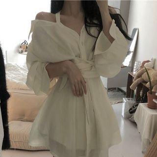 Set: Long-sleeve Cold Shoulder A-line Dress + Shorts