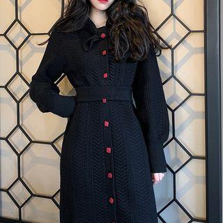 Puff-sleeve Tie-neck Midi Knit Dress