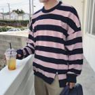Dolman-sleeve Slit-front Loose-fit Crewneck Striped Sweatshirt