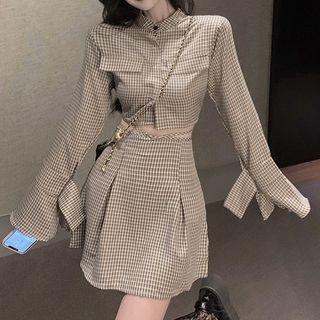 Set: Long-sleeve Check Cropped Shirt + Mini Skirt