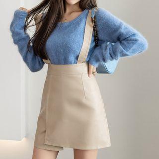 Faux Leather Mini A-line Skirt With Suspender