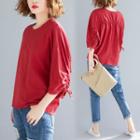 3/4-sleeve Drawstring Top Red - One Size