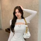 Spaghetti Strap Buckle Slim Fit Dress / Long-sleeve Cropped Knit Top