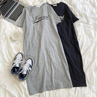 Short-sleeve Lettering Slit Dress